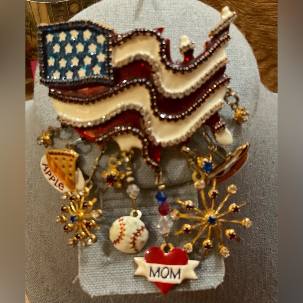 Lunch at the Ritz: Patriotic American flag brooch/ enhancer, with dangle charms